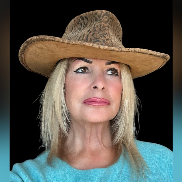 Leather henschel hat sz LG woman’s brown embossed faux buffaloe hide - Picture 4 of 10